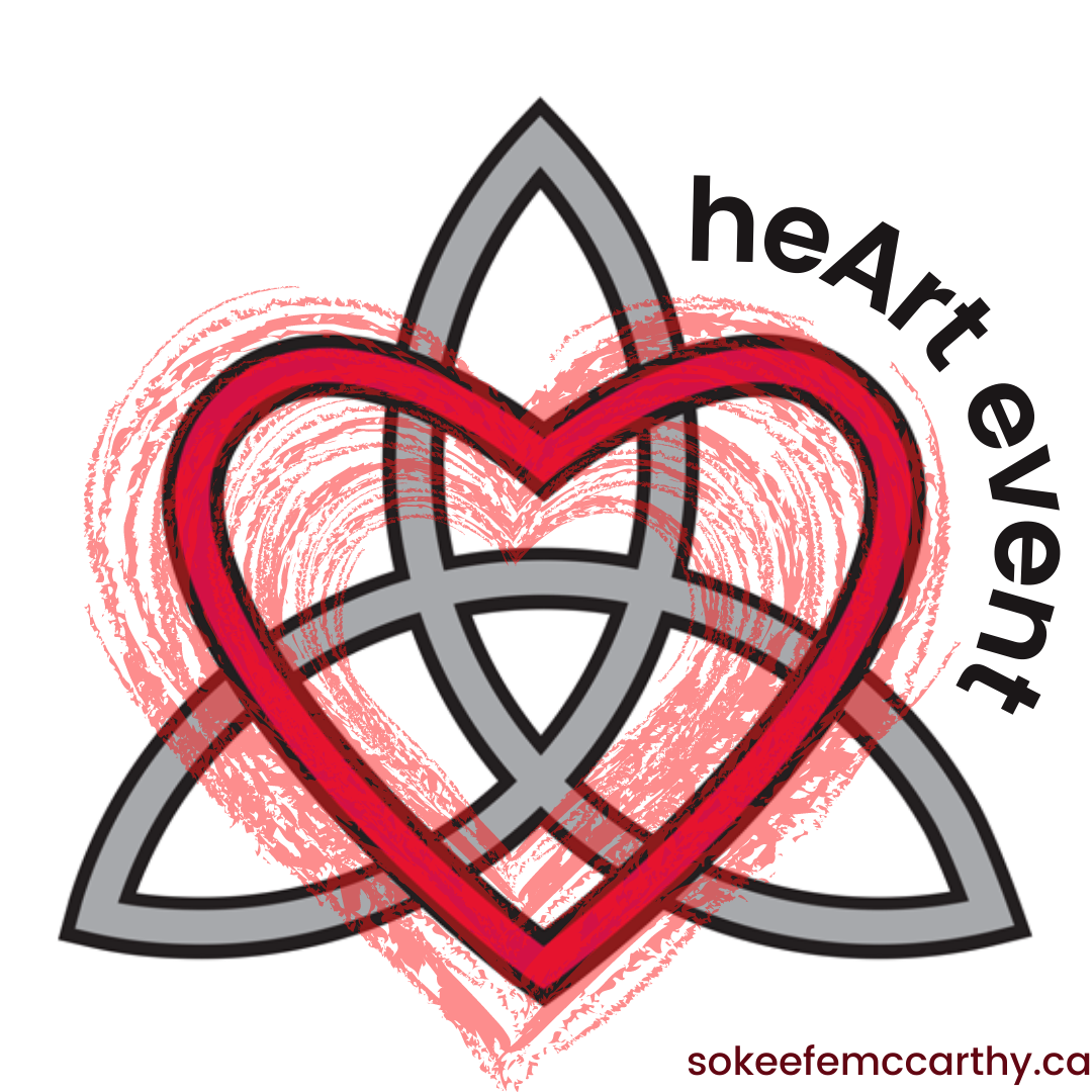 On a white background, a Logo of heart and three point celtic knot is overlayed with a painted heart. At the top right, it says heart event, with the a capitalized to emphasize the art focus of the evening.